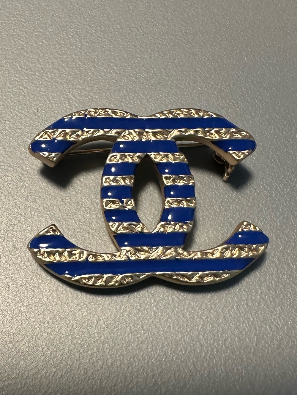 CHANEL CC Logo Gold Brooch Blue striped Gold Plated
